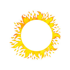 Yellow and orange bright Sun rays frame watercolour illustration hand drawn isolated on white. Watercolor splash solar system.