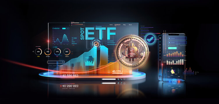 Crypto and bitcoin exchange traded fund or spot price ETF funds application gets approved and listed for institutions investment on stock exchanges concept as wide banner design with information data