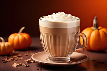 Pumpkin latte in glass cup. Cozy autumn beverage. Close up. Generative AI.