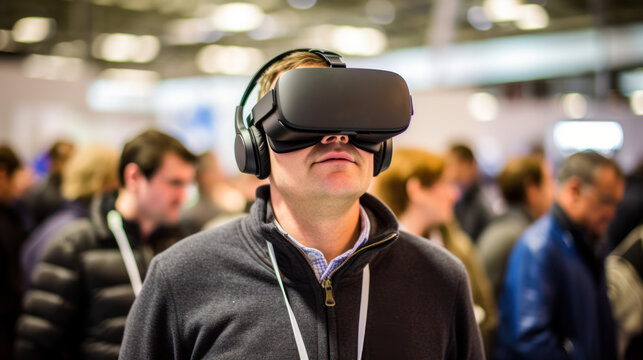 Person using virtual reality glasses at a technology fair.