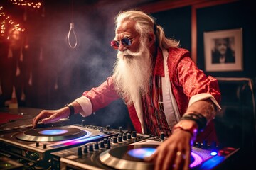 Portrait of a senior bearded hipster DJ playing music at a nightclub.