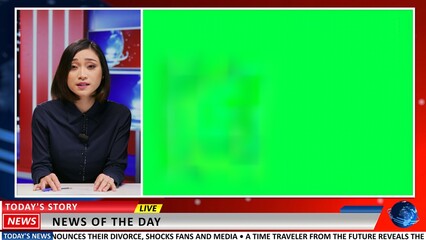 Broadcaster does report with greenscreen on live television show, presenting breaking news and latest events. News presenter covering international topics using blank chromakey copyspace. - obrazy, fototapety, plakaty