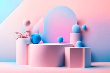Mockup backdrop for product presentation with minimal abstract elements. podium with a gradient combining blue and pink