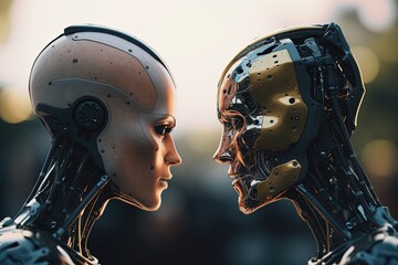 Two android robots meet. Two robots look into each other's eyes - obrazy, fototapety, plakaty