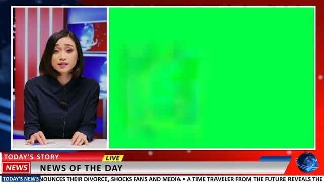 Broadcaster does report with greenscreen on live television show, presenting breaking news and latest events. News presenter covering international topics using blank chromakey copyspace.