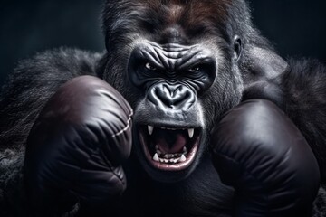 Fototapeta premium Angry gorilla fighting with boxing gloves. Studio shot over dark background. Strength and motion concept. 