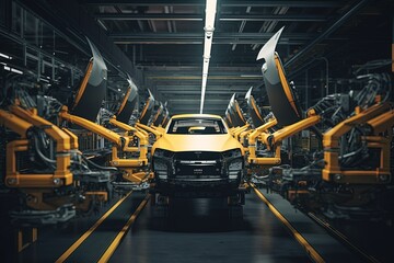 Production line of a car manufacturing plant, robotic arms assemble a car on a conveyor belt