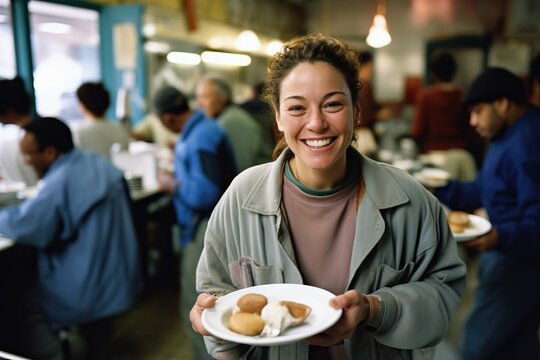 positive homeless woman with a smile, a homeless cafe