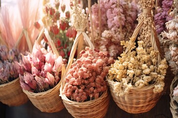all different kinds of dried flowers are hanging up in wicker baskets in a flower market