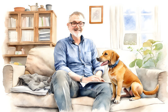 Man on Sofa with Dog, Watercolour style
