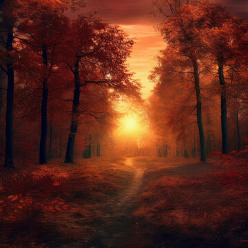  the sun is fading behind a forest ablaze with autumn © Sekai