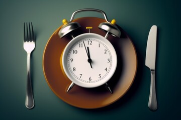 Alarm clock on a plate. The concept of proper regular nutrition. Background with selective focus and copy space