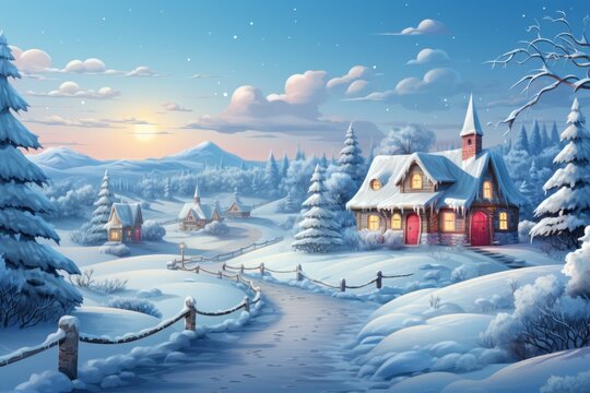 House in winter in the style of a holiday card. Merry christmas and happy new year concept. Background