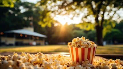 People gather for movie night in a park. - obrazy, fototapety, plakaty