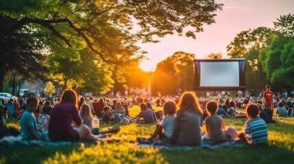 People gather for movie night in a park.