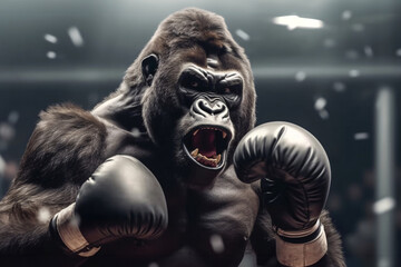 Fototapeta na wymiar Angry gorilla fighting with boxing gloves. Studio shot over dark background. Strength and motion concept. 