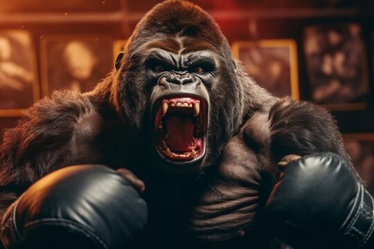 Angry gorilla fighting with boxing gloves. Studio shot over dark background. Strength and motion concept.
