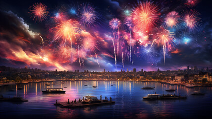 Fototapeta premium fireworks over the city on new year event