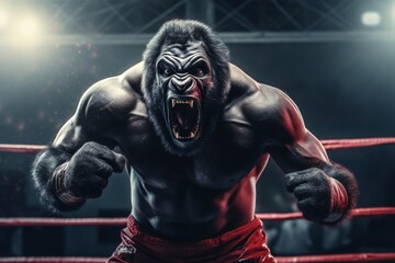 AAngry gorilla fighting with boxing gloves. Gorilla in the boxing ring. 