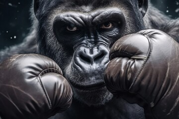 Angry gorilla fighting with boxing gloves. Studio shot over dark background. Strength and motion concept.
