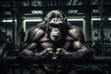 Fototapeta na wymiar Portrait of a strong gorilla in a gym. Angry gorilla in the fitness room. Studio shot over dark background. Strength and motion concept. 