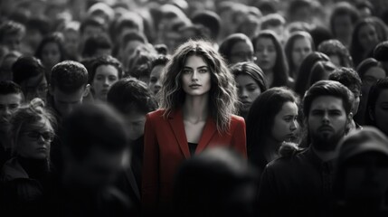 a woman sticking out from the crowd as unique in full bright colour whilst standing in front a crowd of people in black and white
