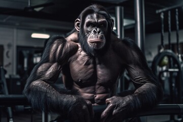 Fototapeta na wymiar Portrait of a strong and fit chimpanzee in a gym. Angry gorilla in the fitness room. Studio shot over dark background. Strength and motion concept. 