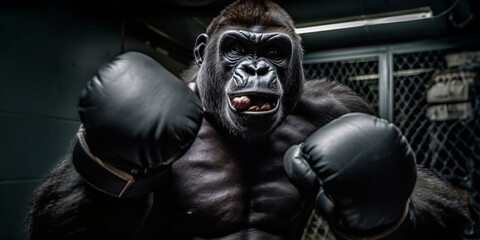 Angry gorilla fighting with boxing gloves. Studio shot over dark background. Strength and motion concept.
 - obrazy, fototapety, plakaty