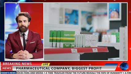 Pharmaceutical industry healthcare newscast presented by news anchor and discussing about medicine...