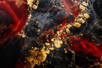 Abstract wavy background. Red and gold acrylic paint on a black background. Imitation marble.