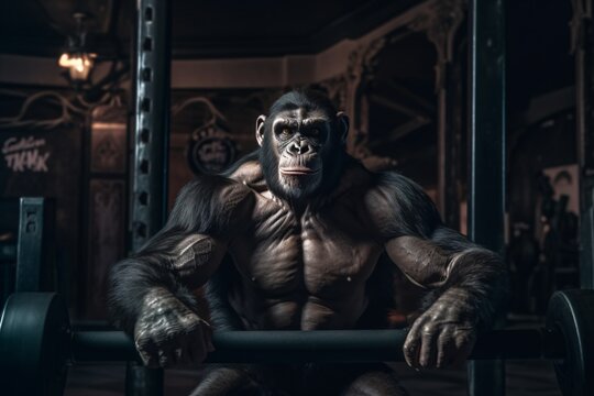 Angry gorilla in the fitness room. Studio shot over dark background. Strength and motion concept.
