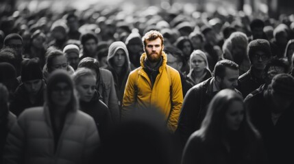 1 person in full bright colour and saturiattion standing among a crowd of people in black and white - obrazy, fototapety, plakaty