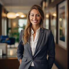 a professional woman smiling in business clothes in a modern concierge office with luxury details in the architecture