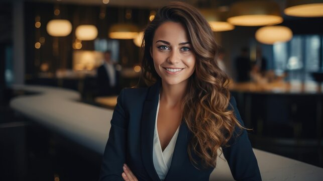 a professional woman smiling in business clothes in a modern concierge office with luxury details in the architecture