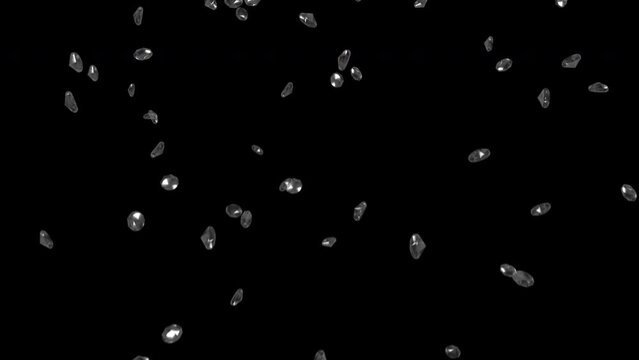 Diamonds falling into the frame as they sparkle and tumble, 4k 24p with alpha channel for transparent background and simple compositing