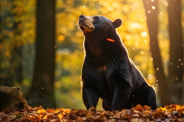 Black bear in the autumn forest. The concept of unity with nature. Wildlife scene from nature.