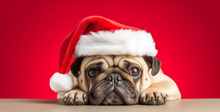 Puppy Pug in a Santa's hat isolated on red background. Christmas background, digital ai