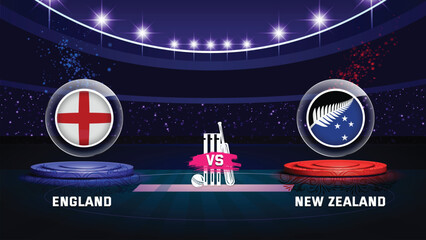england vs new zealand cricket championship match with flag shield on beautiful stadium background
