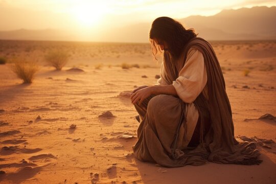serenity of solitude: jesus crist praying in a desert, at sunset, Generative AI