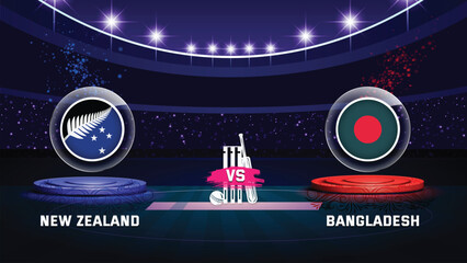 new zealand vs bangaldesh cricket championship match with flag shield on beautiful stadium background © Faysal