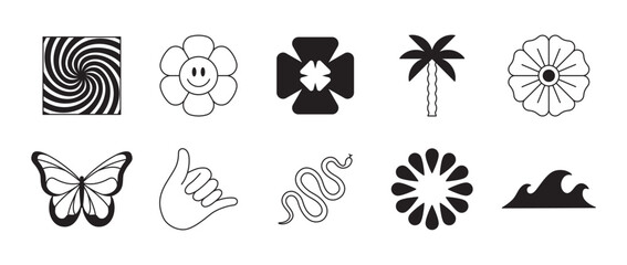 Vector retro futuristic neo grunge elements for print and graphic designs, abstract shapes y2k, figures, wireframe, flames, tattoo gothic and boho style, stickers, stars, hearts and logo templates © venimo