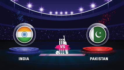 india vs pakistan cricket championship match with flag shield on beautiful stadium background