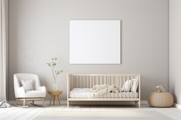 Scandinavian nursery interior with blank frame mock up on wall with minimalist furniture crib plant toys white