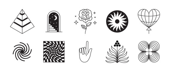Vector retro futuristic neo grunge elements for print and graphic designs, abstract shapes y2k, figures, wireframe, flames, tattoo gothic and boho style, stickers, stars, hearts and logo templates