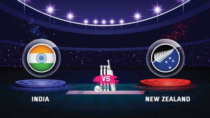 india vs new zealand cricket championship match with flag shield on beautiful stadium background