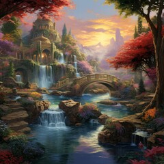 Fototapeta premium Picture suspended gardens hovering over a serene landscape, featuring a symphony of vibrant flora, flowing waterfalls, and tranquil ponds, all bathed in gentle sunlight