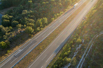 Aerial view of a highway at sunrise