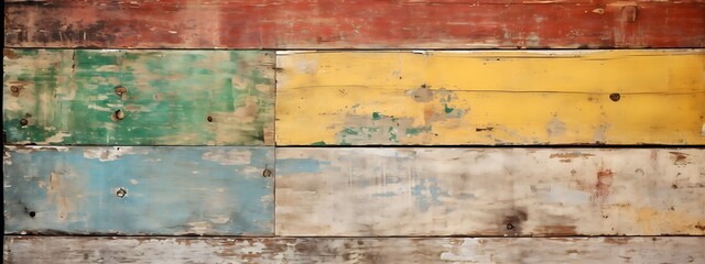 Fototapeta na wymiar Old Multicolored Wooden Frescoes, Yellow, Green, Red, Weathered Beauty, Background