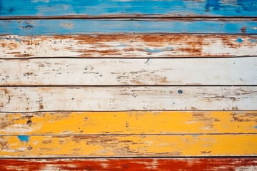 Close up of texture of vintage wood boards with cracked and fainted paint, giving a rustic look