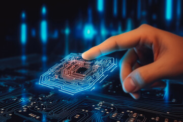 Concept of artificial intelligence, hand touching circuit board in virtual shape, blue background